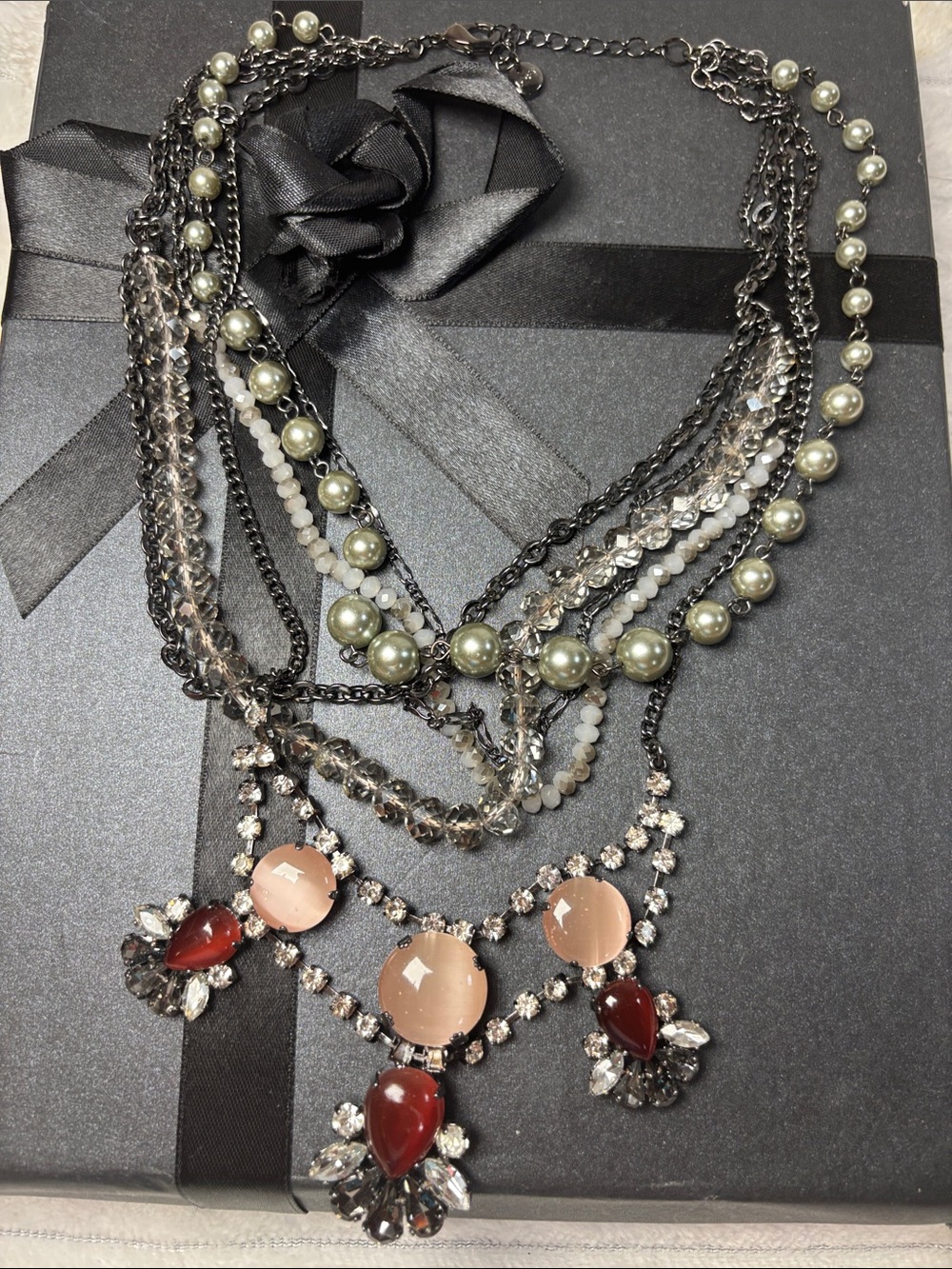 Ann Taylor Loft Multi Strand Necklace Silver-Tone Burgundy Pink Rhinestones